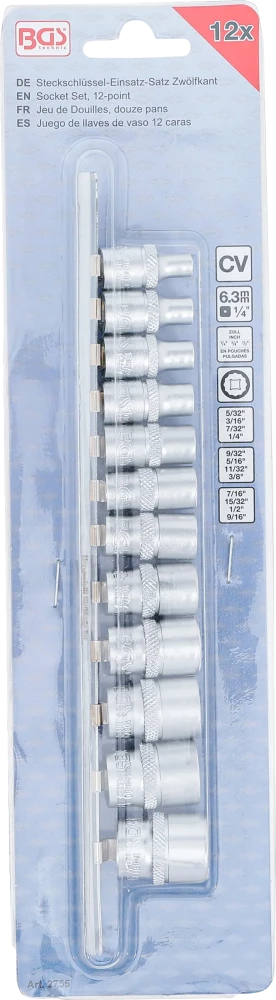 Conjunto de encaixes para chave de caixa bihexagonais | Entrada de quadrado interno de 6,3 mm (1/4") | Tamanhos em polegadas | 12 peças