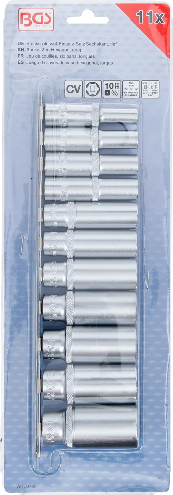 Conjunto de encaixes para chave de caixa sextavados, profundos | Entrada de quadrado interno de 10 mm (3/8") | Tamanhos em polegadas | 11 peças