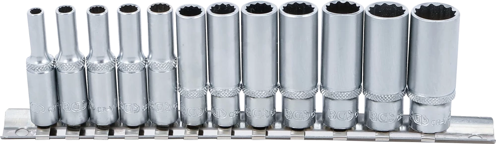 Conjunto de encaixes para chave de caixa bihexagonais, profundos | Entrada de quadrado interno de 6,3 mm (1/4") | Tamanhos em polegadas | 12 peças