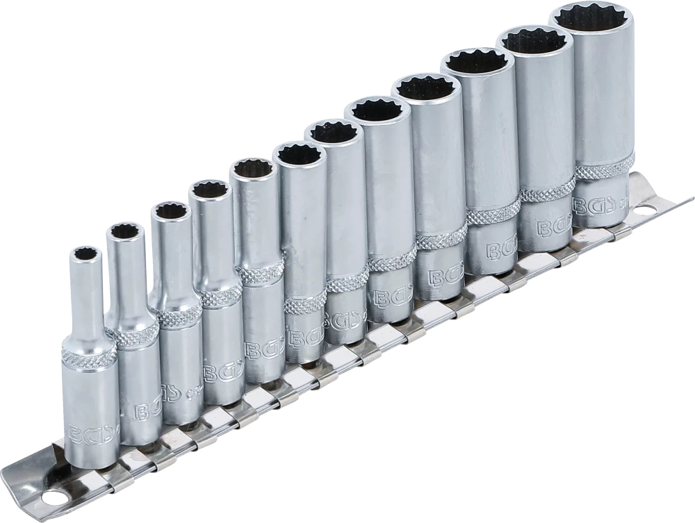 Conjunto de encaixes para chave de caixa bihexagonais, profundos | Entrada de quadrado interno de 6,3 mm (1/4") | Tamanhos em polegadas | 12 peças