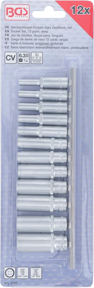 Conjunto de encaixes para chave de caixa bihexagonais, profundos | Entrada de quadrado interno de 6,3 mm (1/4") | Tamanhos em polegadas | 12 peças