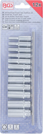 Conjunto de encaixes para chave de caixa bihexagonais, profundos | Entrada de quadrado interno de 6,3 mm (1/4") | Tamanhos em polegadas | 12 peças