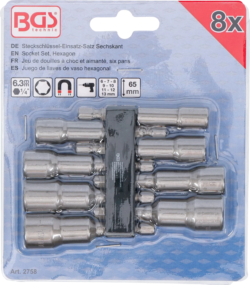 Conjunto de encaixes para chave de caixa sextavados | Entrada de sextavado externo 6,3 mm (1/4") | 6 - 13 mm | 8 peças