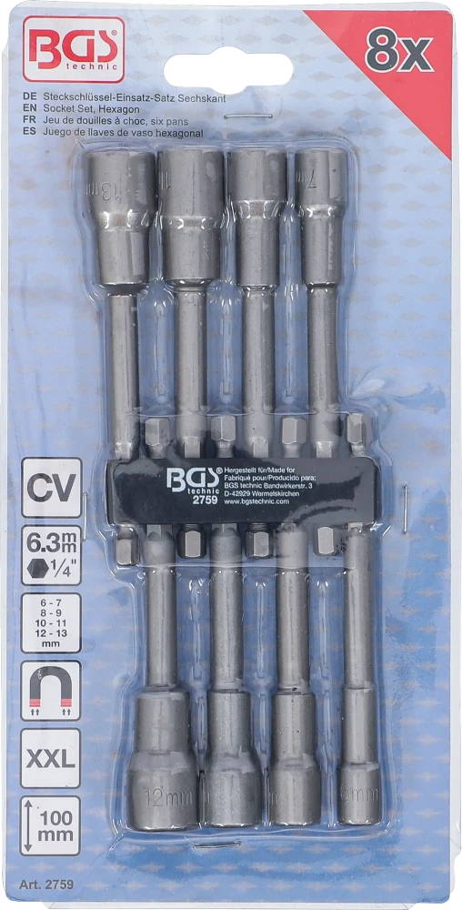 Conjunto de encaixes para chave de caixa sextavados | extra compridos | Entrada de sextavado externo 6,3 mm (1/4") | para perfuradoras | 6 - 13 mm | 8 peças