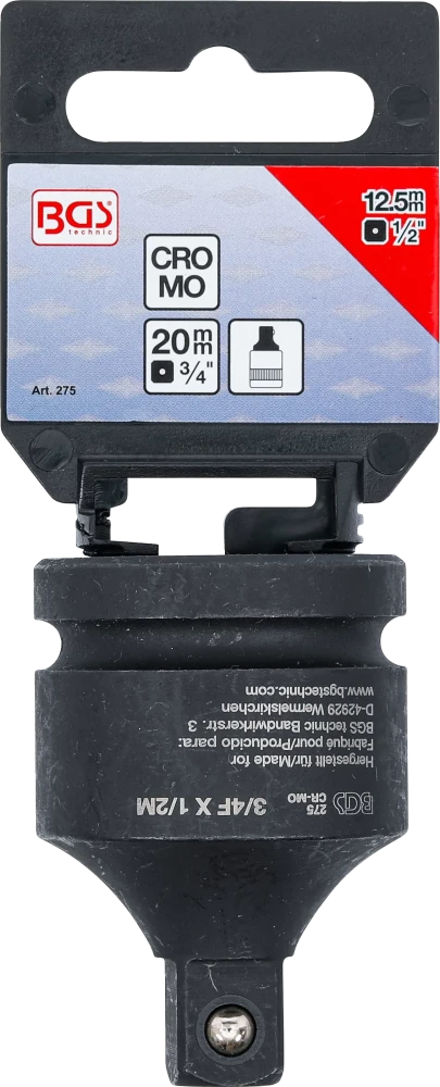 Adaptador para chave de caixa de impacto | Quadrado externo 20 mm (3/4") - Sextavado externo 12,5 mm (1/2")