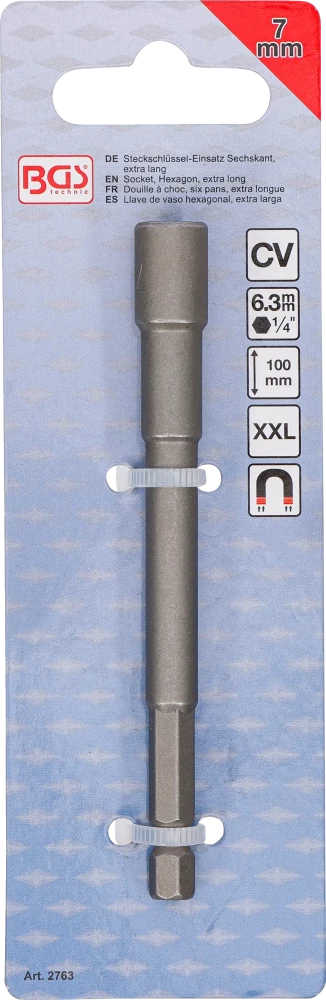 Encaixe para chave de caixa sextavado, extra comprido | para perfuradoras | Entrada de sextavado externo 6,3 mm (1/4") | 7 mm