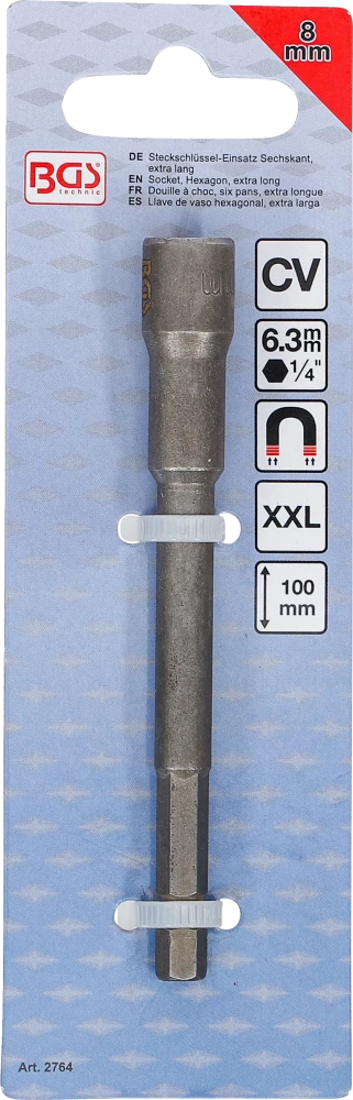 Encaixe para chave de caixa sextavado, extra comprido | para perfuradoras | Entrada de sextavado externo 6,3 mm (1/4") | 8 mm