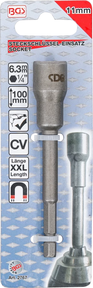 Encaixe para chave de caixa sextavado, extra comprido | para perfuradoras | Entrada de sextavado externo 6,3 mm (1/4") | 11 mm