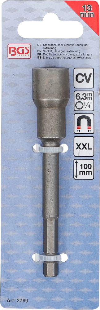 Encaixe para chave de caixa sextavado, extra comprido | para perfuradoras | Entrada de sextavado externo 6,3 mm (1/4") | 13 mm
