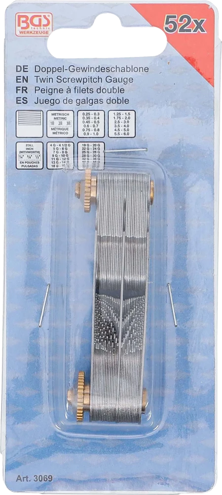 Calibre de rosca duplo, 52 lâminas | métrico 0,25 - 6,0 mm, Whitworth 4G - 62G