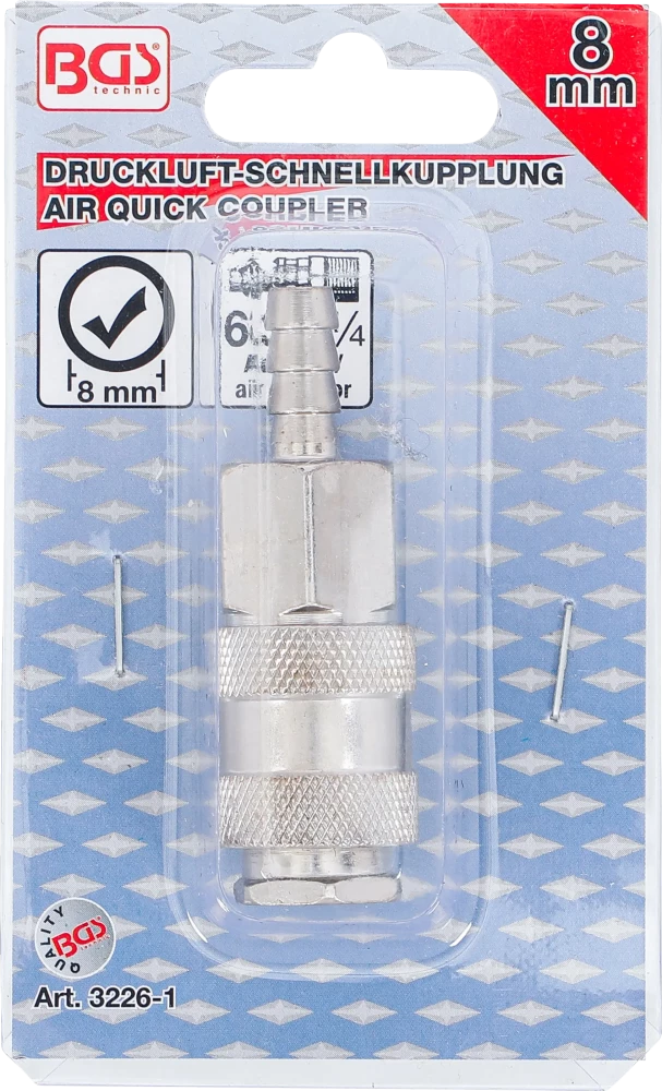 Acoplador rápido para ar comprimido com ligação de mangueira de 8 mm