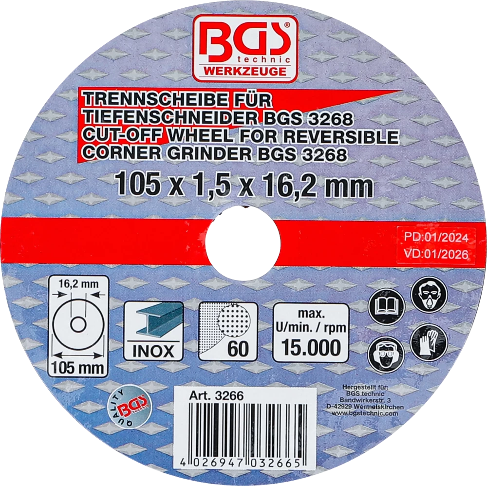 Disco de corte para cortador de profundidade BGS | Ø 105 x 1,5 x 16,2 mm
