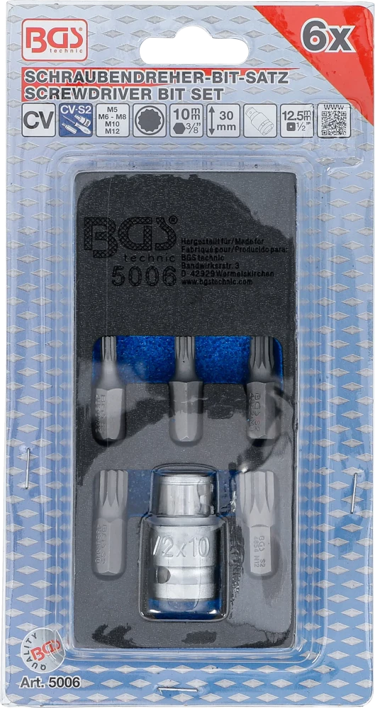 Conjunto de pontas para chave de fendas | Entrada de sextavado externo 10 mm (3/8") | Dente interno polivalente (para XZN) | 6 peças