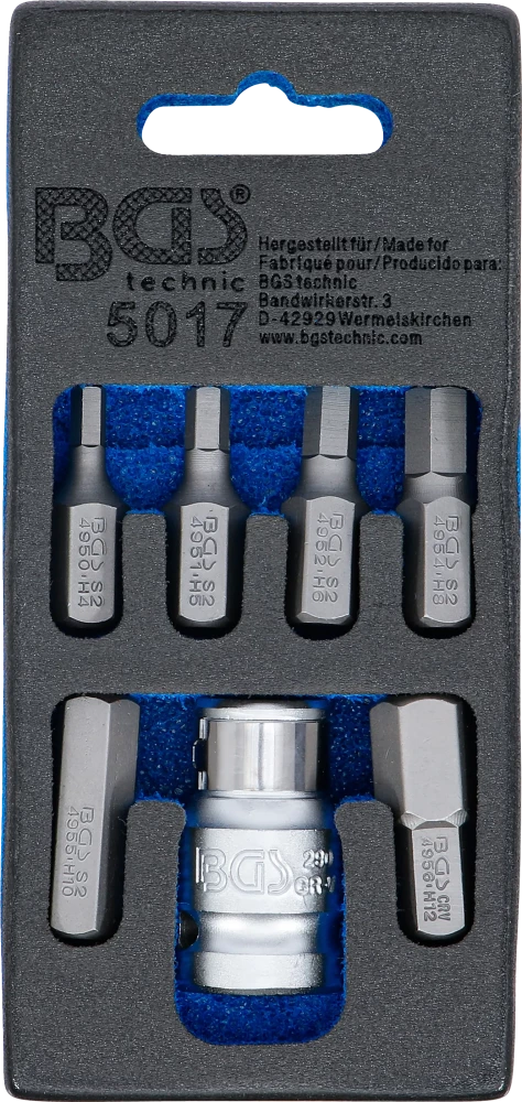 Conjunto de pontas para chave de fendas | Entrada de sextavado externo 10 mm (3/8") | Hexágono interno | 7 peças