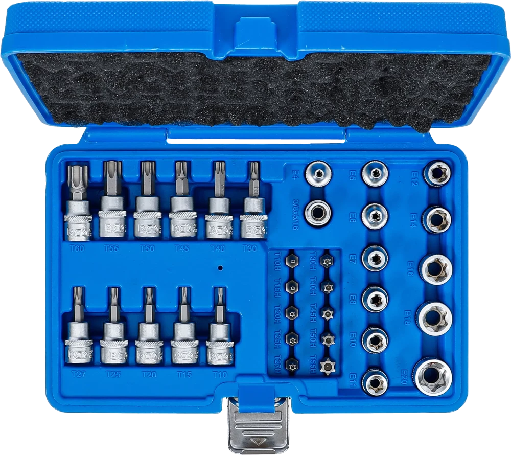 Conjunto de Encaixes Torx e Perfil E | 3/8" | T10 - T60 + E4 - E20 | 34 peças