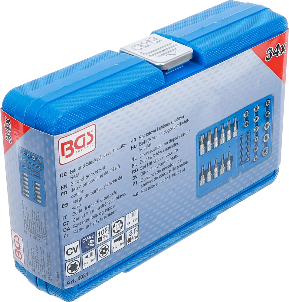 Conjunto de Encaixes Torx e Perfil E | 3/8" | T10 - T60 + E4 - E20 | 34 peças