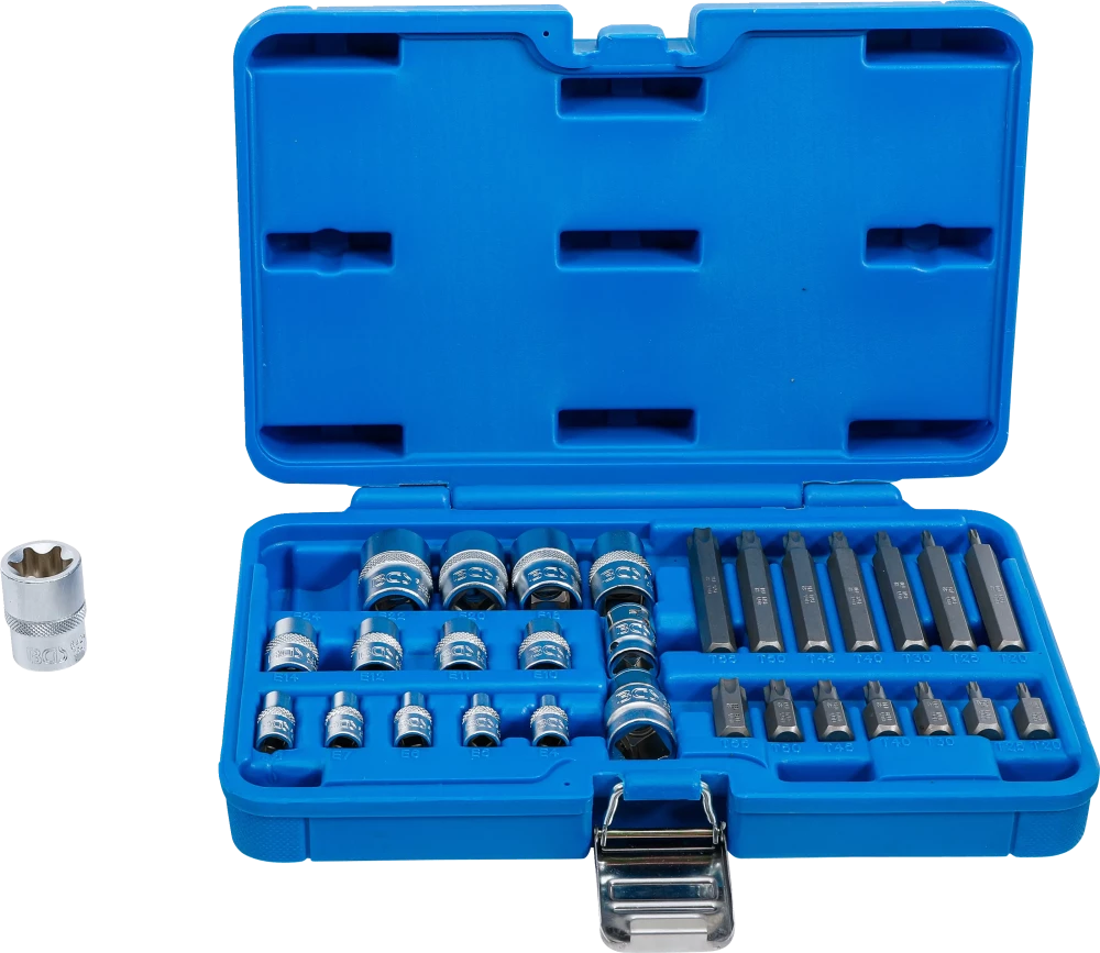 Conjunto de chaves de caixa e de pontas | Perfil em E / Perfil em T (para Torx) | 30 peças