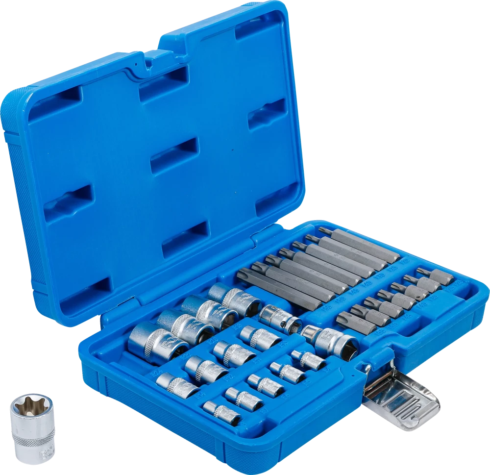Conjunto de chaves de caixa e de pontas | Perfil em E / Perfil em T (para Torx) | 30 peças