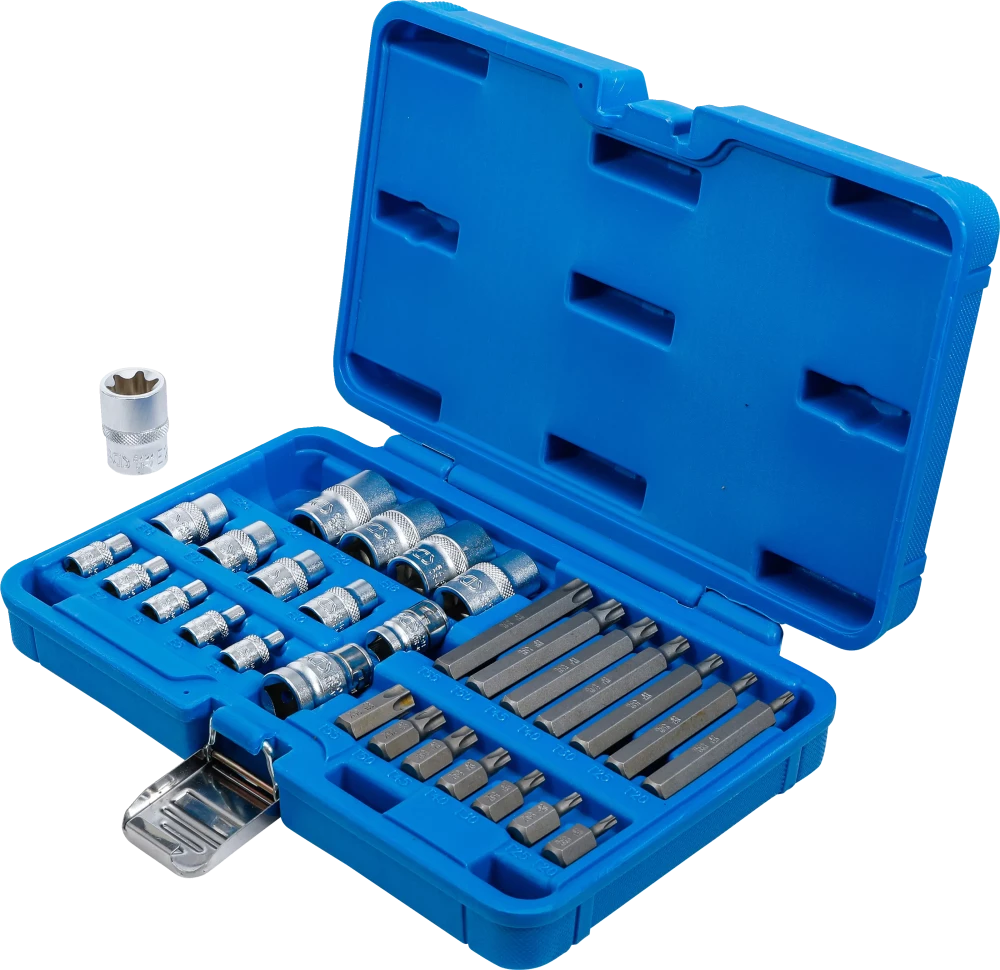 Conjunto de chaves de caixa e de pontas | Perfil em E / Perfil em T (para Torx) | 30 peças