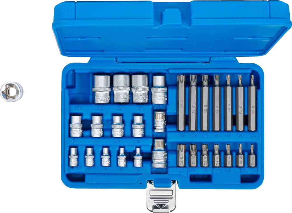Conjunto de chaves de caixa e de pontas | Perfil em E / Perfil em T (para Torx) | 30 peças