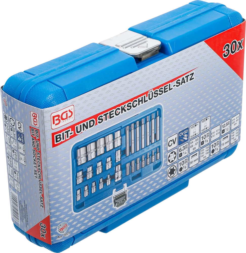 Conjunto de chaves de caixa e de pontas | Perfil em E / Perfil em T (para Torx) | 30 peças
