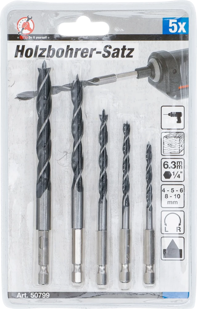Conjunto de brocas para madeira | 4 - 10 mm | Condução hexagonal | 5 peças