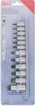 Conjunto de Encaixes para Pontas Torx Extra Curtos | T8 - T60 | 12 peças