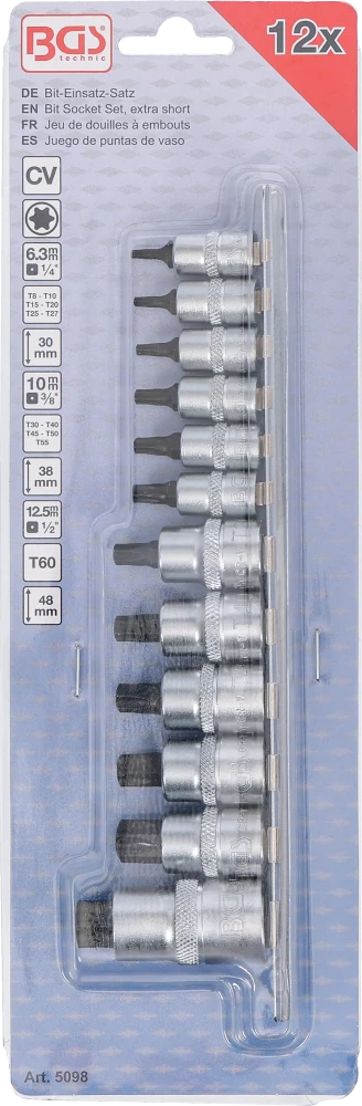 Conjunto de Encaixes para Pontas Torx Extra Curtos | T8 - T60 | 12 peças