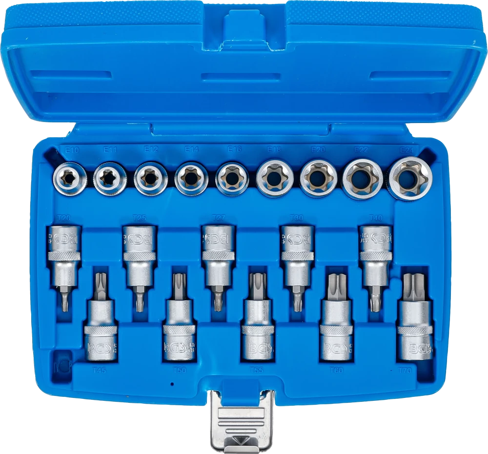 Conjunto de Encaixes Torx e Perfil E | 1/2" | T20-T70 + E10-E24 | 19 peças