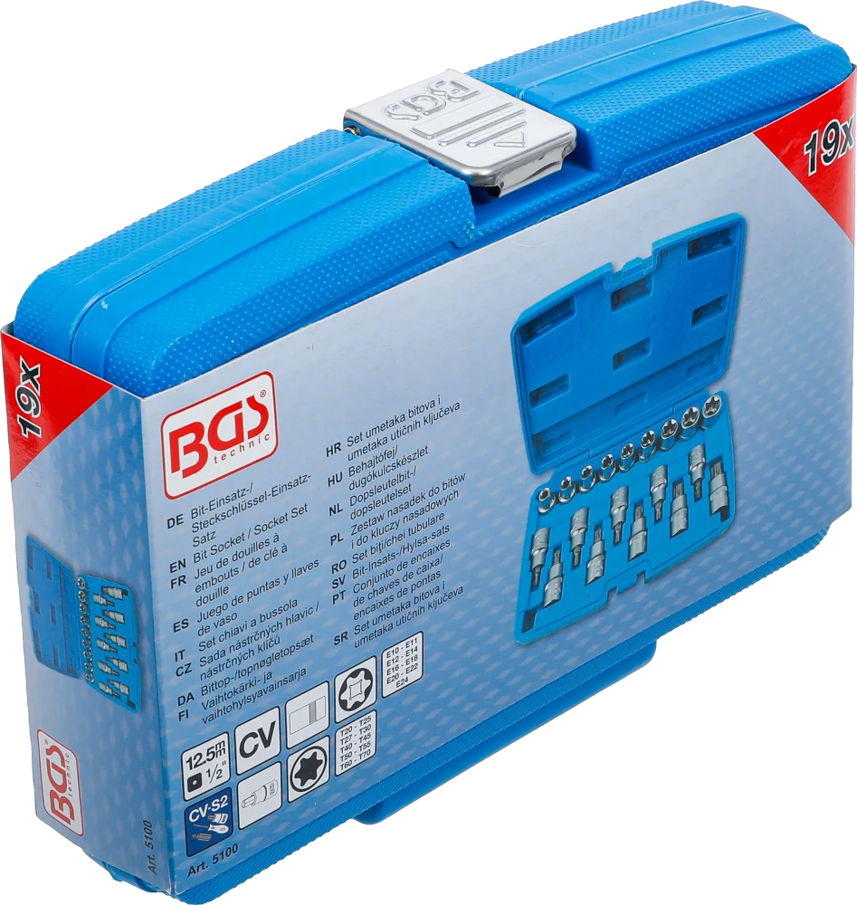 Conjunto de Encaixes Torx e Perfil E | 1/2" | T20-T70 + E10-E24 | 19 peças