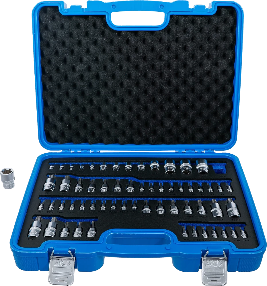 Conjunto de encaixes de chaves de caixa e de encaixes de pontas | Perfil E / Perfil T (para Torx) / Perfil T (para Torx) com perfuração / Perfil TP (para Torx Plus) | 60 peças