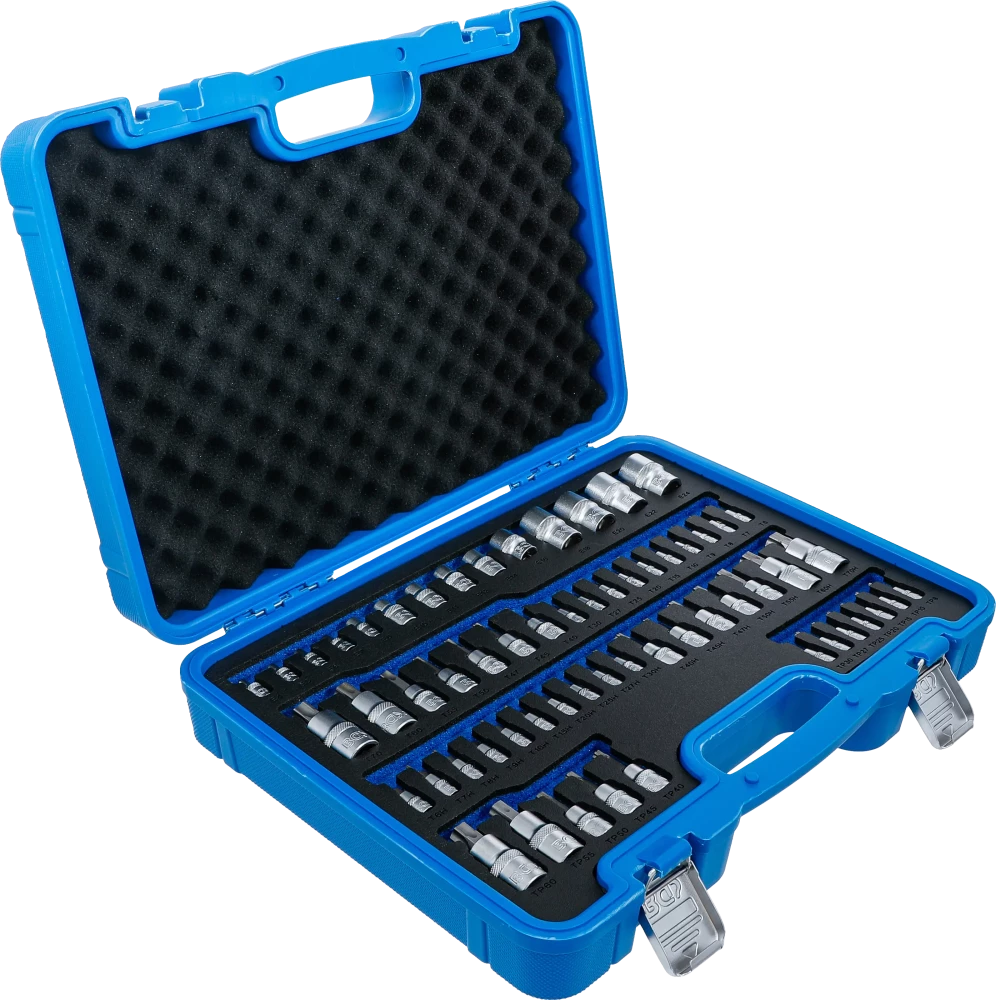 Conjunto de encaixes de chaves de caixa e de encaixes de pontas | Perfil E / Perfil T (para Torx) / Perfil T (para Torx) com perfuração / Perfil TP (para Torx Plus) | 60 peças
