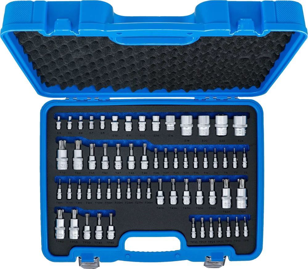 Conjunto de encaixes de chaves de caixa e de encaixes de pontas | Perfil E / Perfil T (para Torx) / Perfil T (para Torx) com perfuração / Perfil TP (para Torx Plus) | 60 peças