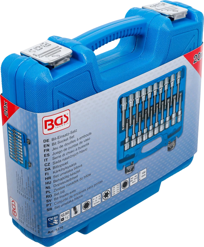 Conjunto de Encaixes para Pontas | Sextavado, Torx, XZN Cabeça Esférica | 1/2" | 20 peças