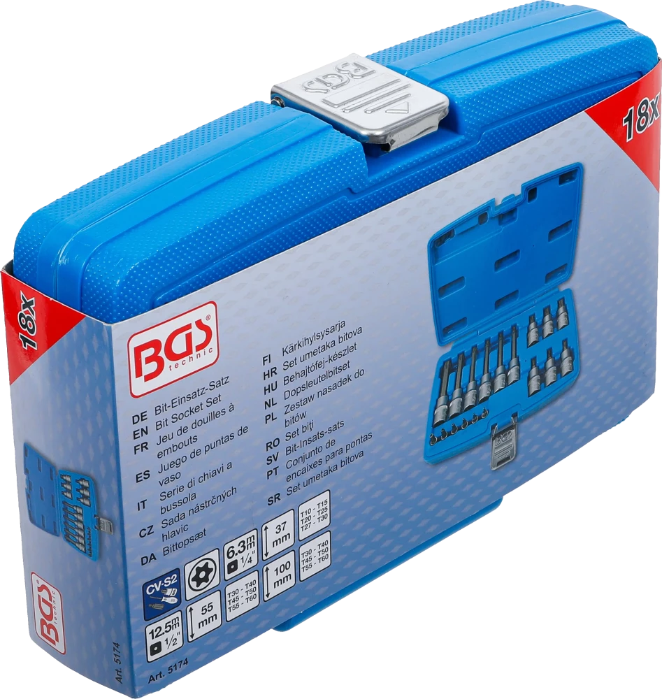 Conjunto de Encaixes Torx com Furo | 1/4" e 1/2" | T10-T60 (std + 100mm) | 18 peças
