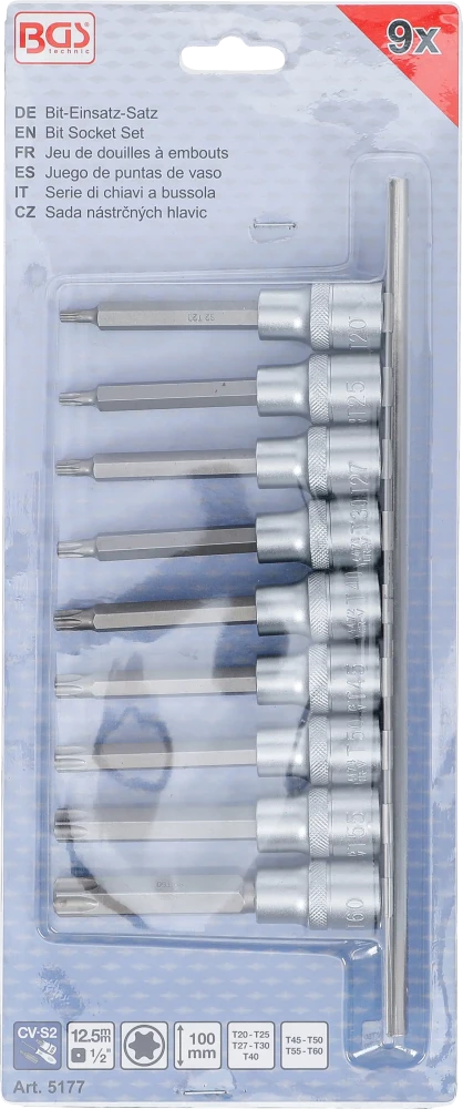 Conjunto de Encaixes Torx Longos | 1/2" | T20 - T60 | 100mm | 9 peças