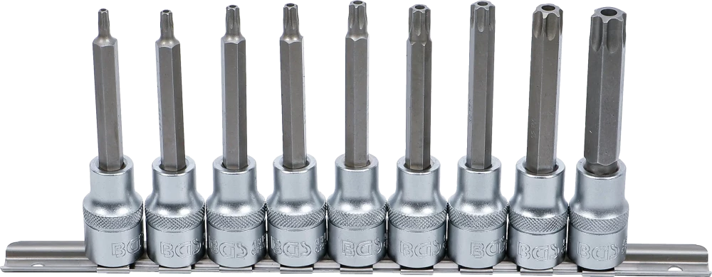 Conjunto de Encaixes Torx com Furo Longos | 1/2" | T20 - T60 | 100mm | 9 peças