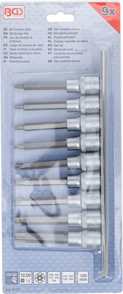 Conjunto de Encaixes Torx com Furo Longos | 1/2" | T20 - T60 | 100mm | 9 peças