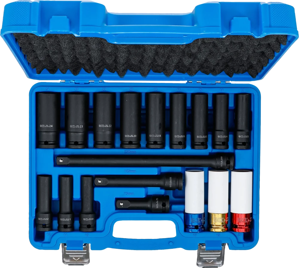 Conjunto de chaves de caixa de impacto e encaixes de impacto com proteção | Sextavado | 12,5 mm (1/2") | 10 - 24 mm | 18 peças