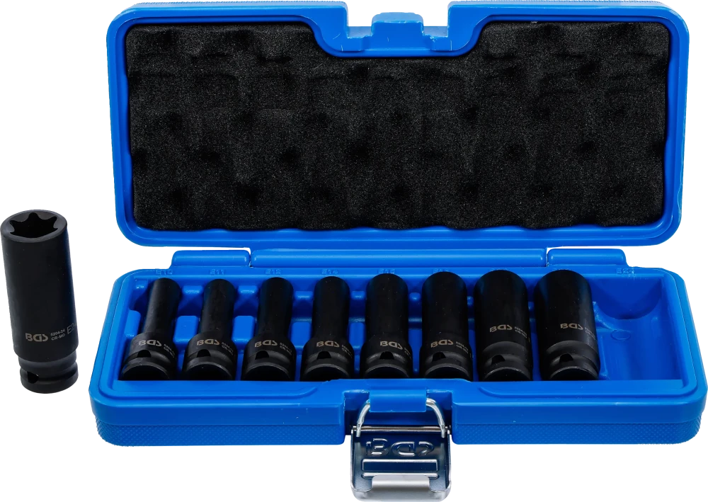 Conjunto de encaixes para chave de caixa de impacto perfil em E, fundo | Entrada de quadrado interno de 12,5 mm (1/2") | E10 - E24 | 9 peças