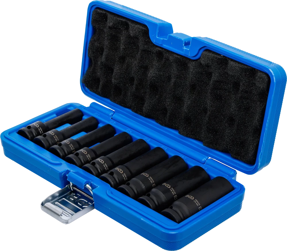 Conjunto de encaixes para chave de caixa de impacto perfil em E, fundo | Entrada de quadrado interno de 12,5 mm (1/2") | E10 - E24 | 9 peças