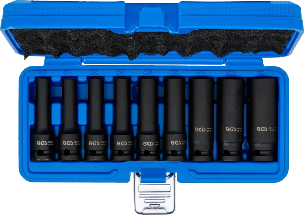 Conjunto de encaixes para chave de caixa de impacto perfil em E, fundo | Entrada de quadrado interno de 12,5 mm (1/2") | E10 - E24 | 9 peças