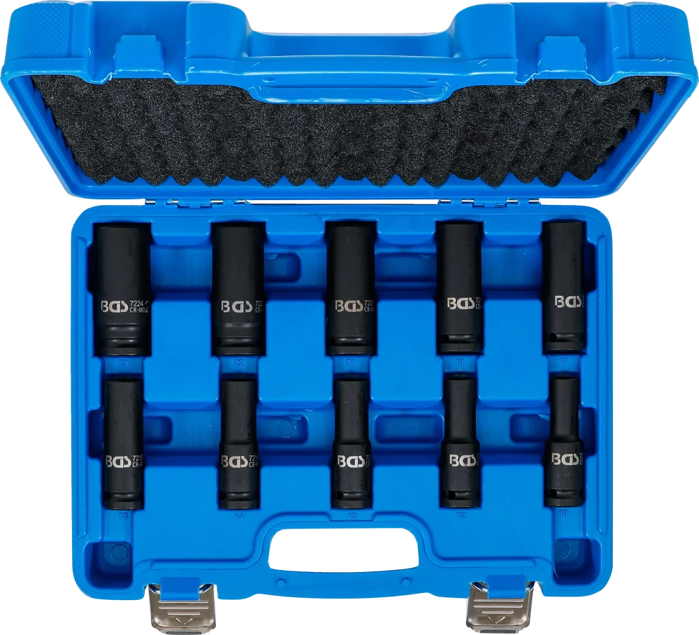 Conjunto de encaixes para chave de caixa de impacto sextavado, profundos | Entrada de quadrado interno de 12,5 mm (1/2") | 10 - 24 mm | 10 peças