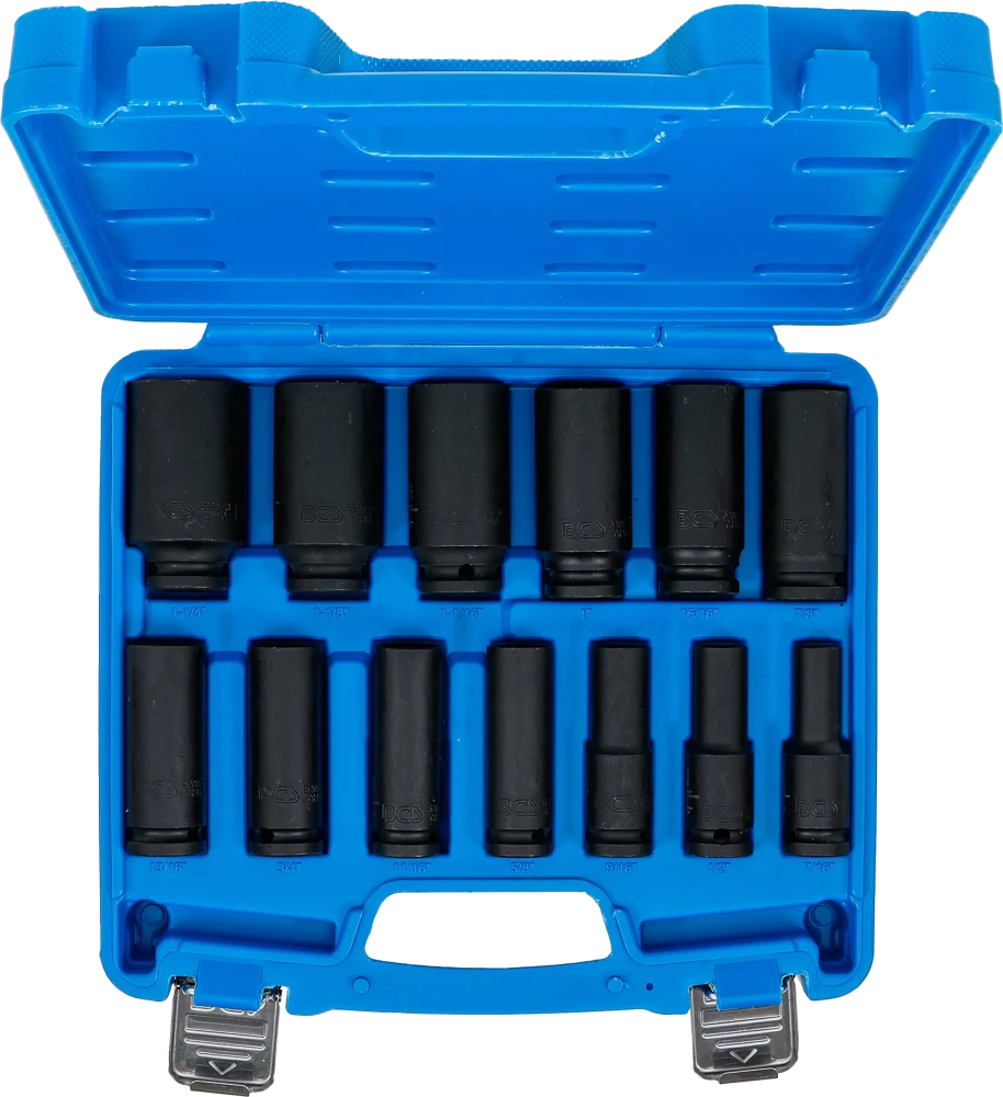 Conjunto de encaixes para chave de caixa de impacto sextavado, profundos | Entrada de quadrado interno de 12,5 mm (1/2") | Tamanhos em polegadas | 13 peças