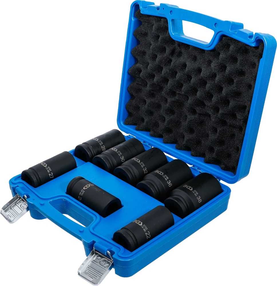 Conjunto de encaixes para chave de caixa de impacto, extra fundos | Entrada de quadrado interno de 20 mm (3/4") | 22 - 38 mm | 8 peças