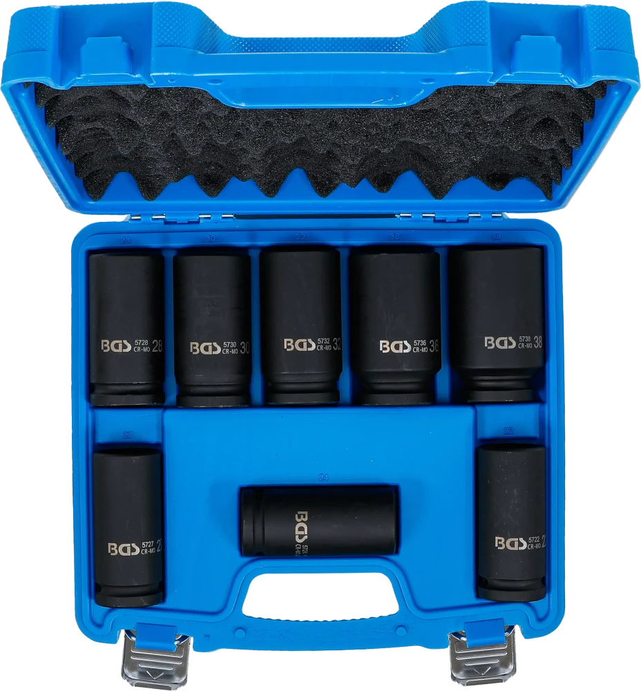 Conjunto de encaixes para chave de caixa de impacto, extra fundos | Entrada de quadrado interno de 20 mm (3/4") | 22 - 38 mm | 8 peças