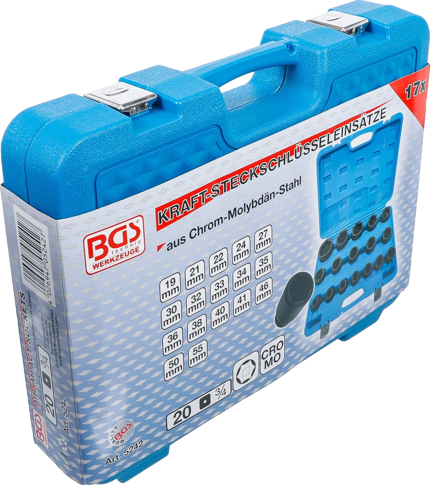 Conjunto de encaixes para chave de caixa de impacto | Entrada de quadrado interno de 20 mm (3/4") | 19 - 55 mm | 17 peças