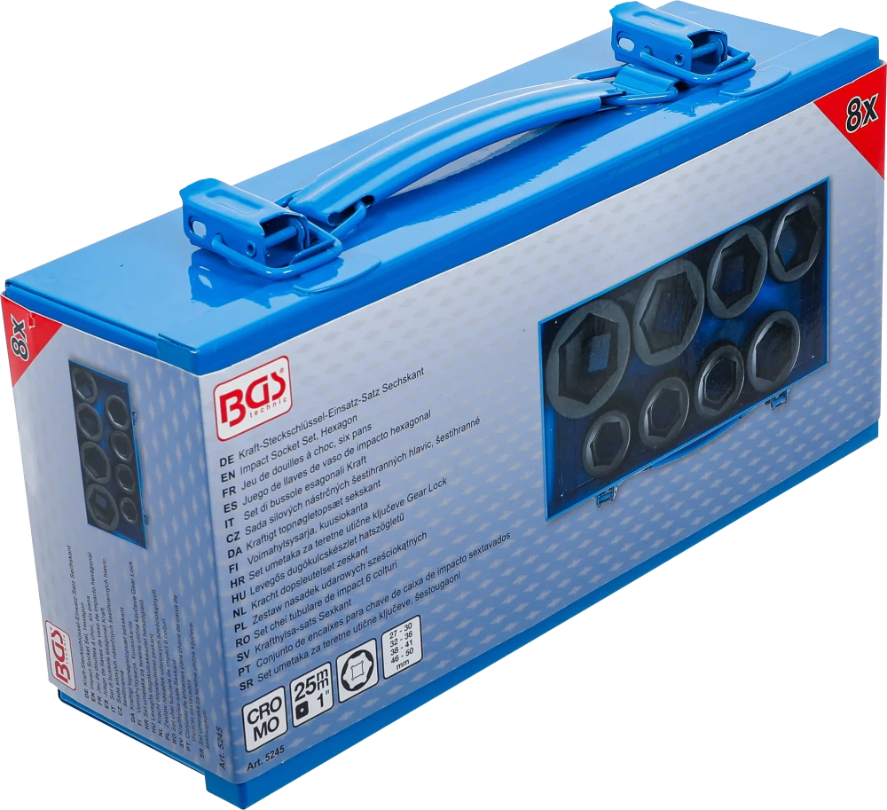 Conjunto de encaixes para chave de caixa de impacto sextavados | Entrada de quadrado interno de 25 mm (1") | 27 - 50 mm | 8 peças