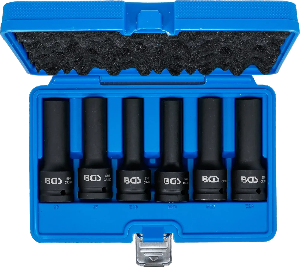 Conjunto de encaixes para chave de caixa de impacto perfil em E, bihexagonais | Entrada de quadrado interno de 20 mm (3/4") | 6 peças