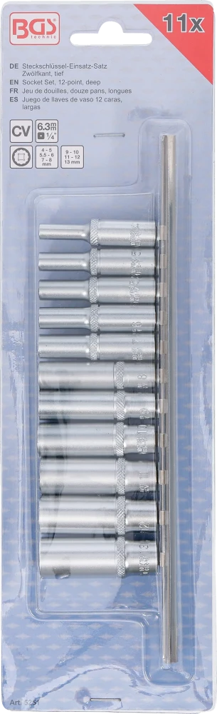 Conjunto de encaixes para chave de caixa bihexagonais, profundos | Entrada de quadrado interno de 6,3 mm (1/4") | 4 - 13 mm | 11 peças